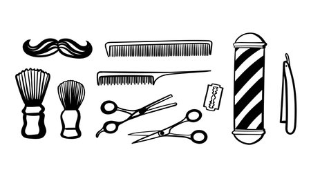 Barbershop set. Shaving and haircut accessories. Gentlemen things collection. Sketch vintage illustration of shaving and hairdresser equipments razor, comb, scissors, barbershop pole.のイラスト素材