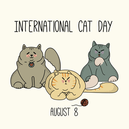 Postcard for the international cat day on August 8. Happy international cat day characters design collection with flat color. Illustration with slogan for clothe, print, banner, badge, poster, sticker.のイラスト素材