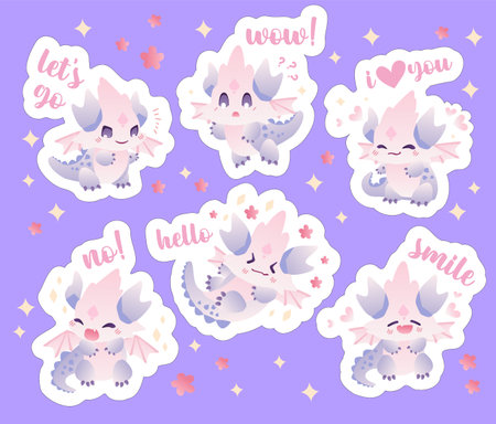 Adorable Lavender Dragon Sticker Vector Illustration. This illustration can be used for children s stickers, decals, or labels, adding a touch of cuteness and whimsy to items such as notebooks, school supplies, or toys.のイラスト素材