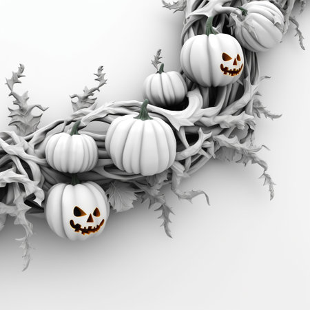 Background with Halloween decorations wreath, Pumpkin and balls. 3D illustration. Generative AI. Can be used as a captivating and eerie background for Halloween-themed designs, party invitations, or marketing materialsの写真素材