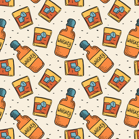 Alcohol is a seamless pattern. Whiskey and a glass. Doodle illustration, vector. can be used for designing bar menus, promotional materials, or social event invitations with an alcohol-themed aestheticのイラスト素材