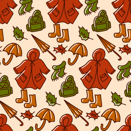 Autumn seamless pattern. Doodle elements. clothes, umbrella and leaves. Vector illustration. Ideal for use in textiles, paper designs, home decor, and other creative projects.のイラスト素材
