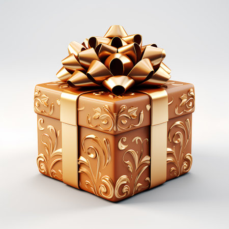 Gift 3D illustration on a white background. Gift in gold packaging with a ribbon. Concept for holiday card, poster, banner. Generative AI.の素材