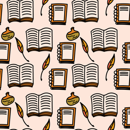 Cozy seamless pattern with books doodle illustration. Vector artwork featuring a delightful assortment of books creating a warm and inviting ambiance.のイラスト素材