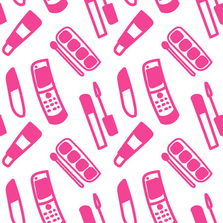 Barbiecore cosmetics seamless pattern. Pink flat illustration featuring trendy makeup products in a repeating pattern. Vector illustration suitable for fashion, beauty, and trendy design projects.のイラスト素材