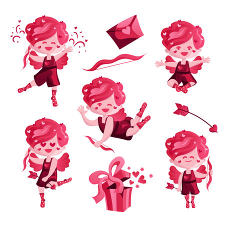 Cupids collection for Valentine s Day with decorative elements. Vector, cartoon style. can be used to add a touch of love and romance to Valentine s Day cards, wedding invitations, or any other romantic-themed designs.のイラスト素材