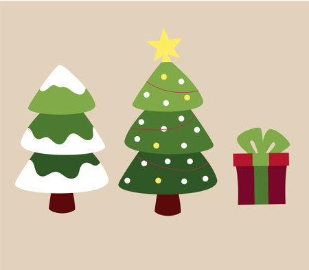 Christmas set with a Christmas tree and a gift. Vector. A Christmas tree with toys and a Christmas tree in the snow.のイラスト素材