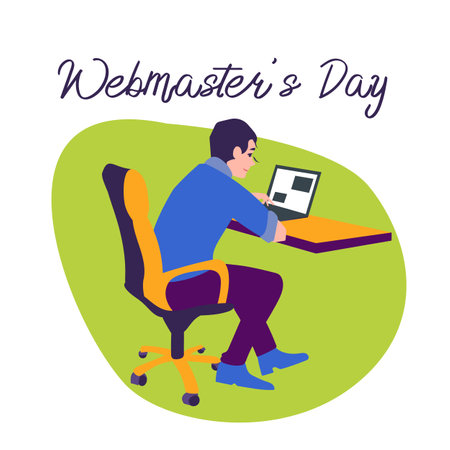 International day of webmasters. The programmer is sitting at the computer. Vector illustration on the topic of design, programming, and freelancingのイラスト素材