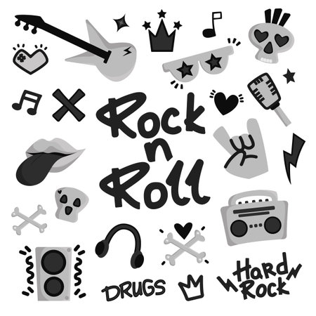 Rock n roll, punk music doodle set. Graffiti, tattoo hand drawn sticker, text, skull, heart, skate, gesture hand. Grunge rock vector illustration.のイラスト素材