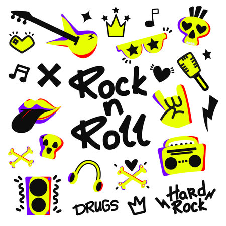 Rock n roll, punk music doodle set. Graffiti, tattoo hand drawn sticker, text, skull, heart, skate, gesture hand. Grunge rock vector illustration.のイラスト素材