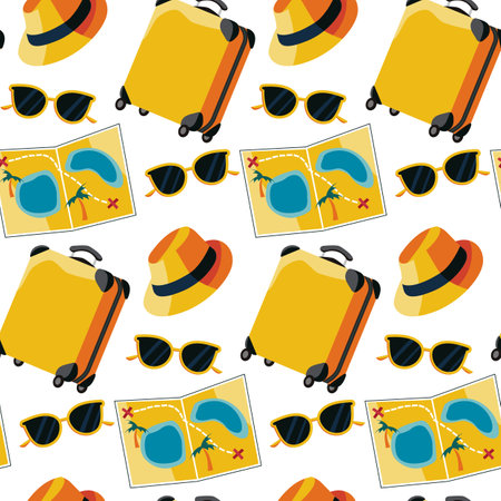 Seamless vector pattern with beach-themed elements sunglasses, suitcase, map, and hat. Ideal for fabric prints, wallpapers, and summer-themed designs.のイラスト素材
