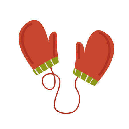 Warm red gloves with white dots. Fashion, trend and style. Accessory to protect hands from cold weather, snow and wind. Poster or banner for website. Flat vector illustrationのイラスト素材