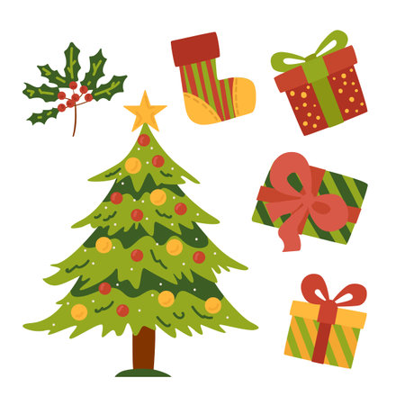Merry Christmas and Happy New Year vector. Christmas Tree, Gifts. Vector, flat style.のイラスト素材