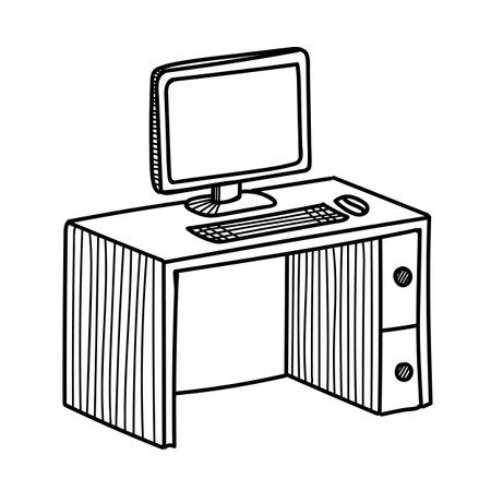 Vector doodle of a computer desk with monitor and keyboard. Hand-drawn in sulfur white on a white background. Minimalist line art illustration.のイラスト素材