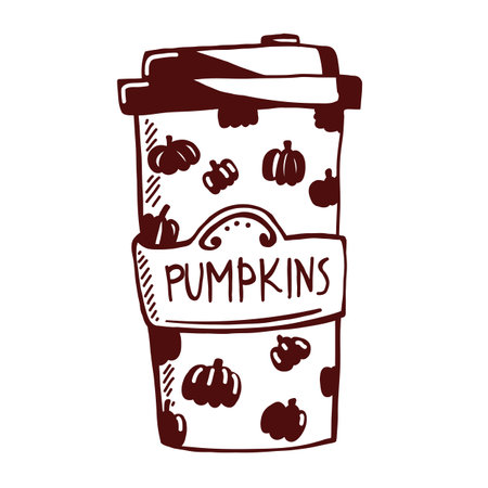 Black and white vector sketch of a takeaway glass of latte with a pumpkin pattern on the cup. Hand-drawn doodle style. Great for autumn designs, stickers, coloring pages, and cafe branding.のイラスト素材