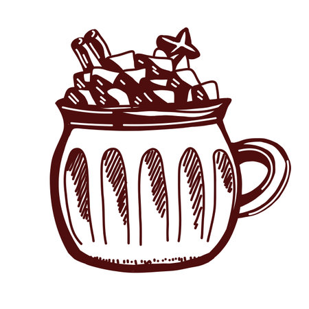 Black and white vector drawing of a hot autumn drink with marshmallows and cinnamon in a mug. Cozy hand-drawn illustration, perfect for coloring pages, stickersのイラスト素材