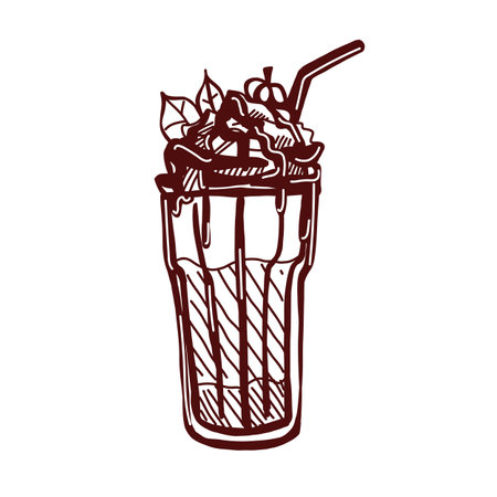 Outline vector illustration set of a chocolate beverage drink with whipped cream and cinnamon in a tall glass mug. Hand-drawn clipart in doodle style.のイラスト素材
