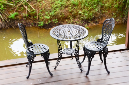 Steel Table and chairs model in coffee shopの写真素材