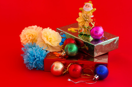 decoration of christmas and gift box on red の写真素材