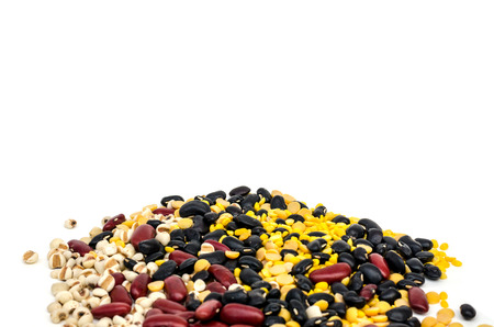 pile of Split soy beans,mung beans,red kidney bean,black bean and Job's tears isolated on whiteの写真素材