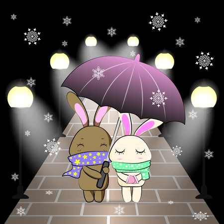 love bunny couple open an umbrella in the winter night and snow vector illustrationのイラスト素材