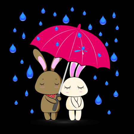 bunny in love under pink umbrella in rainy seasonのイラスト素材