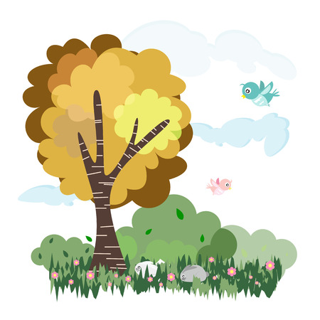 nature tree and meadow with animals in forest illustration vector,bunny vector,rabbit,trees vectorのイラスト素材