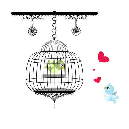 flying birds in love for birds in cage handlingのイラスト素材