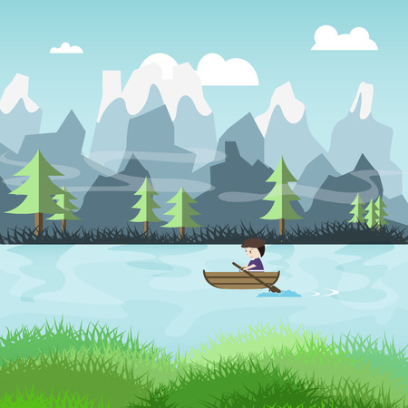 cartoon people paddle on the river with nature landscape illustration vectorのイラスト素材