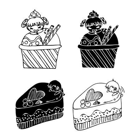 black line doodle of girl and boy cartoon with ice cream and cakeのイラスト素材