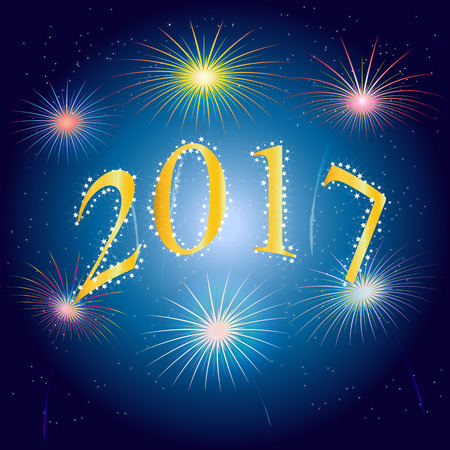 Fireworks and a font of two thousand and seventeen vector background,Happy New Year 2017のイラスト素材