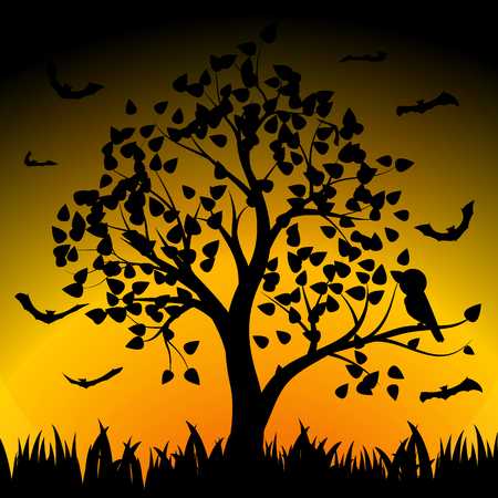 Halloween night with silhouette dry tree and bats vector illustration backgroundのイラスト素材