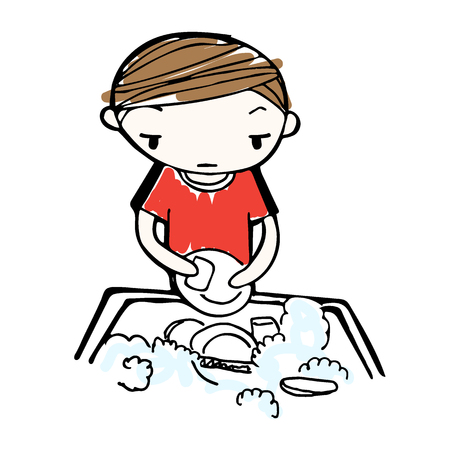 vector of cartoon boy wash dishes in sinkのイラスト素材