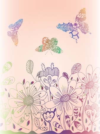 colorful flower doodle with butterfly on pink backgroundのイラスト素材