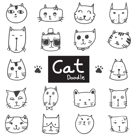 set of drawing cute cat heads in doodle black line on white backgroundのイラスト素材
