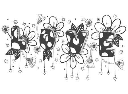 Vector hand drawn doodles of cute love word with flower for valentine's dayのイラスト素材