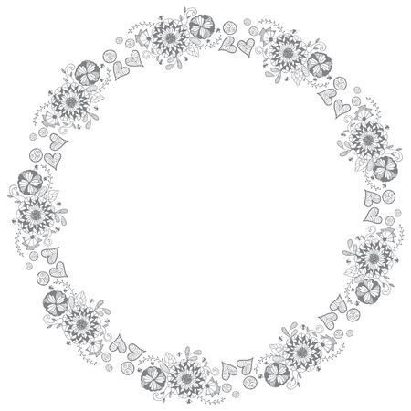 vector illustration of hand drawing Zentangle flower wreaths doodle for greeting cardのイラスト素材