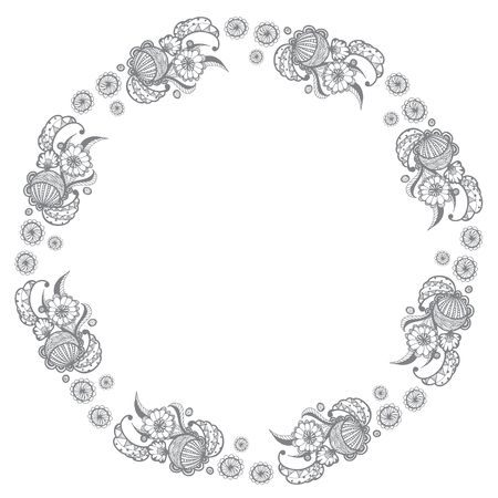 vector illustration of hand drawing Zentangle flower wreaths doodle for greeting cardのイラスト素材