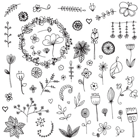 Set of elements flower doodle hand drawn sketch in black line on white isolatedのイラスト素材