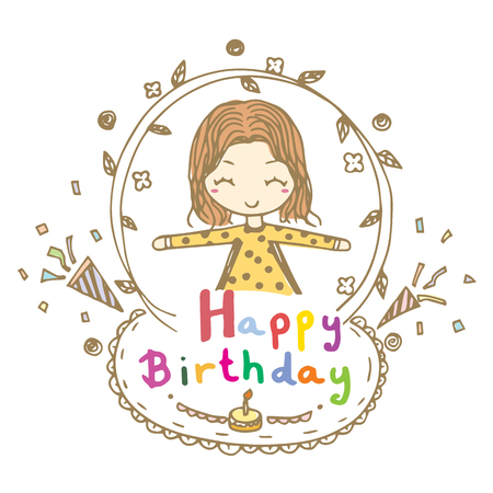 Doodle drawing vector of cute girl smile and open arms with Happy Birthday wordのイラスト素材