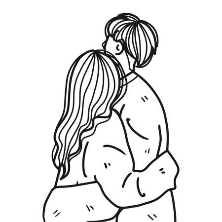 line art of couple standing hugging isolated on white, romantic hug of coupleのイラスト素材