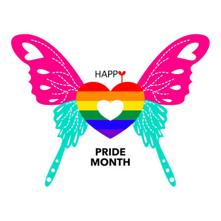 Rainbow heart with butterfly wings vector. Pride month concept designのイラスト素材