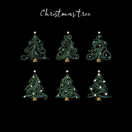 Christmas tree calligraphic hand drawn vector collection for decorative card on Christmas holidayのイラスト素材