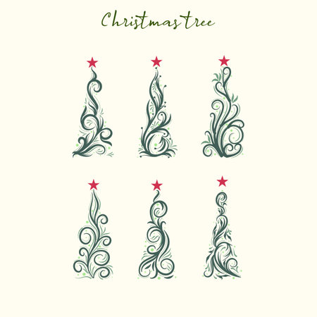 Christmas tree calligraphic hand drawn vector collection for decorative card on Christmas holidayのイラスト素材