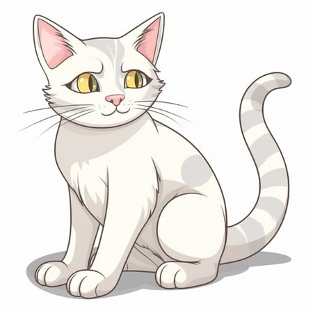 Illustration of a white cat with yellow eyes sitting on a white background. AI Generatedの素材