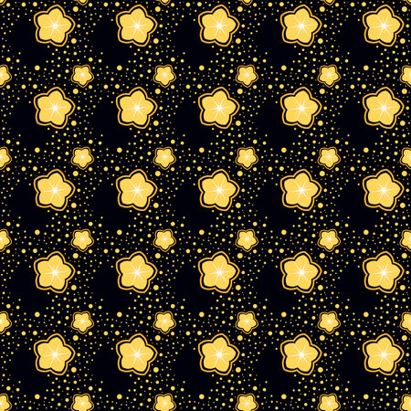 Seamless pattern with gold stars on black background. Vector illustration.のイラスト素材
