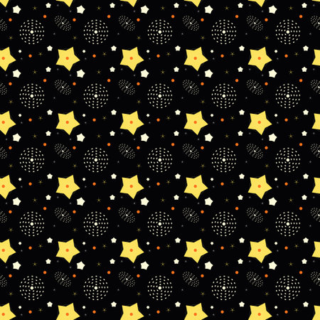 Seamless pattern with stars and dots on a black background.のイラスト素材