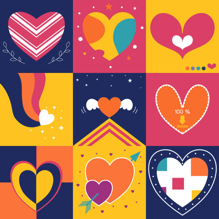 Vector set of seamless patterns in the style of flat design. Colorful hearts.のイラスト素材