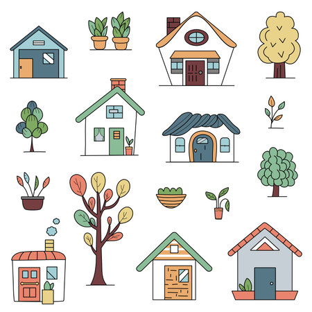 Set of doodle houses and trees. Vector illustration isolated on white background.のイラスト素材