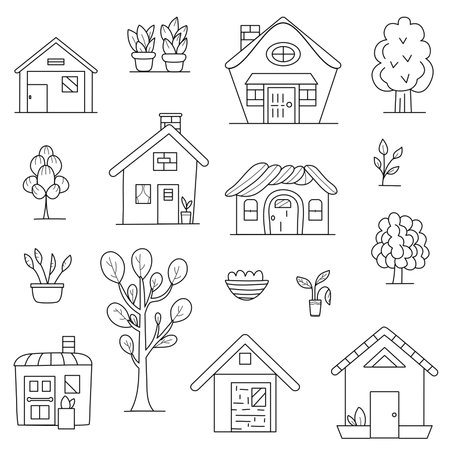 Set of doodle house icons. Vector illustration isolated on white background.のイラスト素材